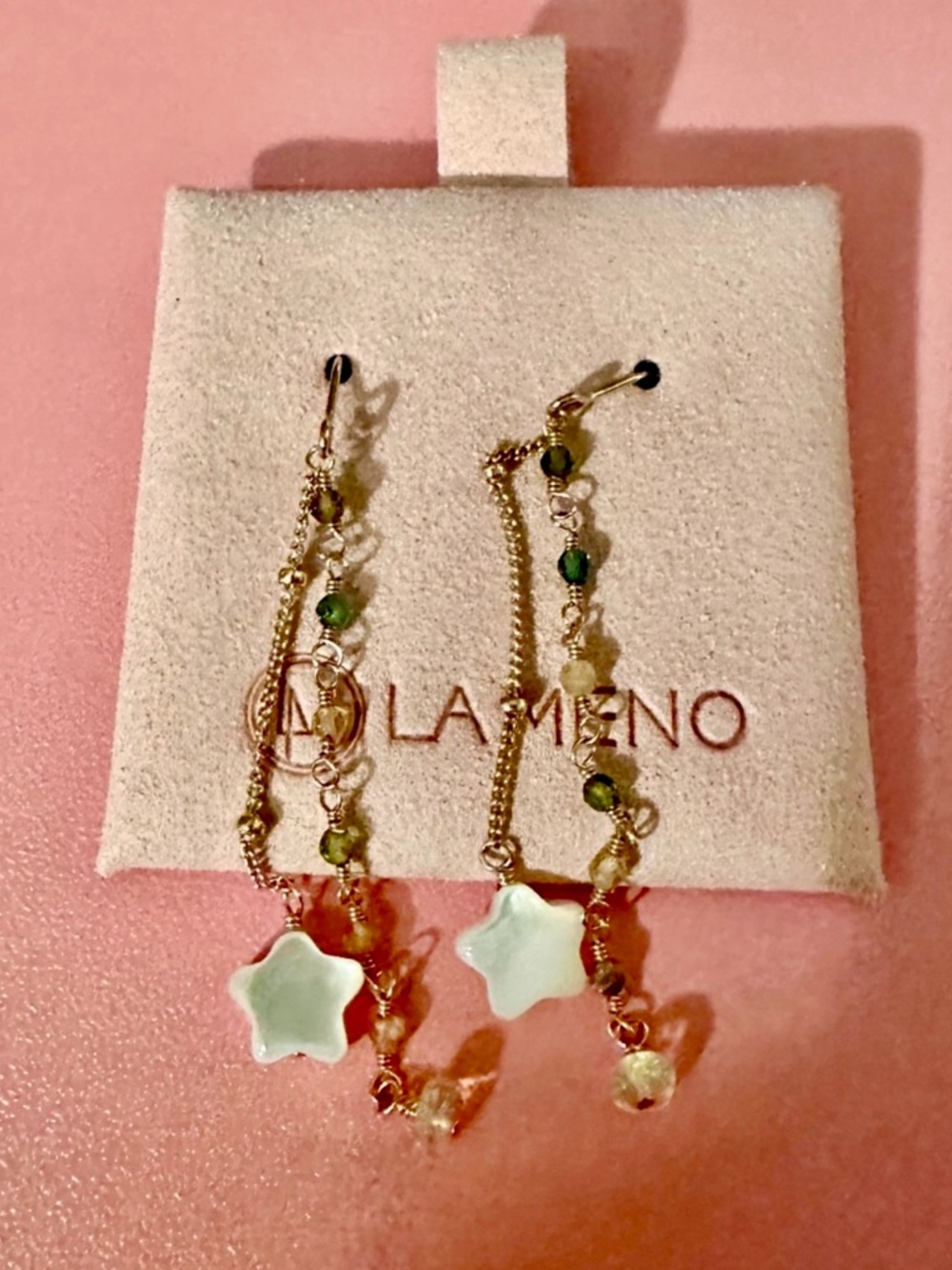La Meno NWT White Mother-of-Pearl Star Dangles With Rainbow Tourmaline